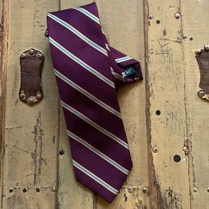 J. CREW MENS 100% SILK NECKTIE RED WINE BLUE DIAGONAL STRIPE MENS SILK TIE REG